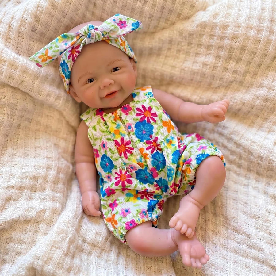 20cm Full Silicone Vivienne Mini Reborn Baby Girl in Floral Jumpsuit