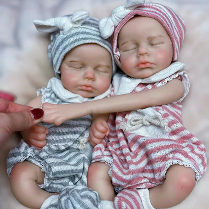 30cm Lifelike Closed Eyes Silicone Loulou Reborn Twin Girls In Stripes Clothes