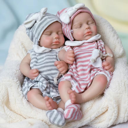 30cm Lifelike Closed Eyes Silicone Loulou Reborn Twin Girls In Stripes Clothes