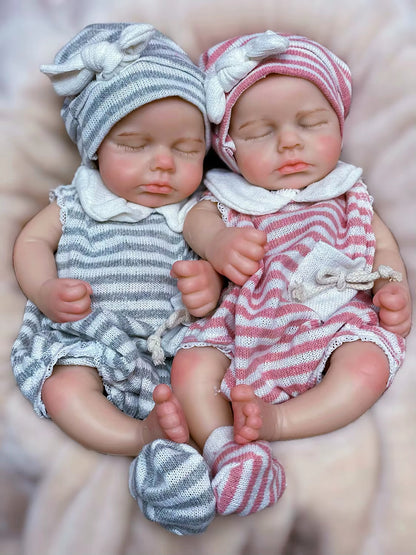 30cm Lifelike Closed Eyes Silicone Loulou Reborn Twin Girls In Stripes Clothes