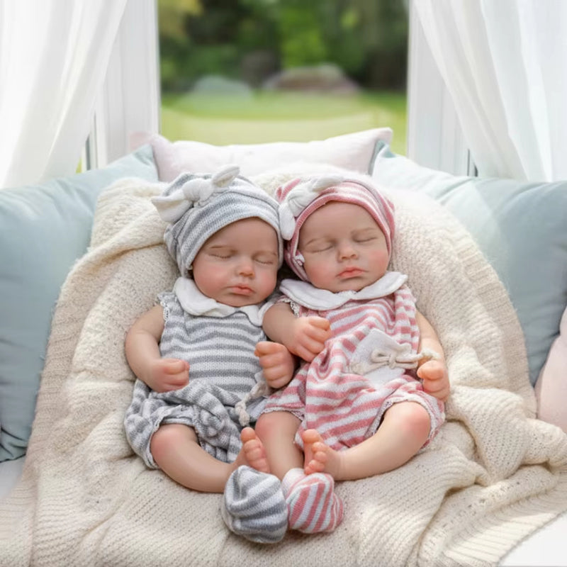 30cm Lifelike Closed Eyes Silicone Loulou Reborn Twin Girls In Stripes Clothes