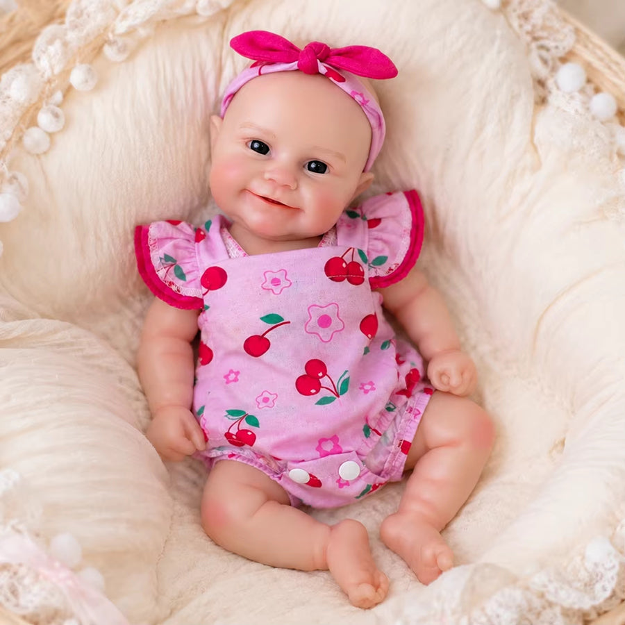 30cm Full Silicone Maddie Smile Reborn Baby Girl in Pink Cherry Outfits