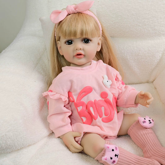 22 Inches Open Eyes Long Blonde Hair Reborn Girl in Pink Bodysuit-Betty