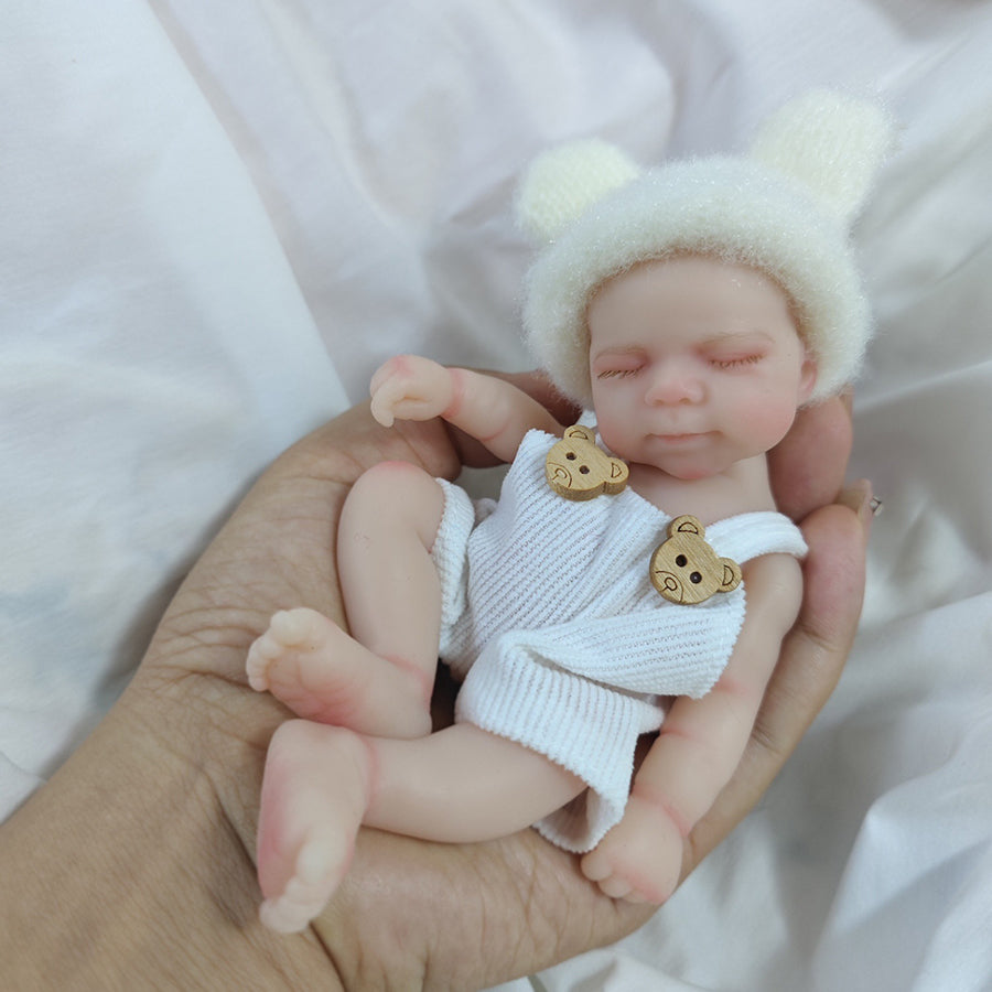 6 Inch Closed Eyes Silicone Mini Reborn Doll Girl Pascale In Bear Overalls