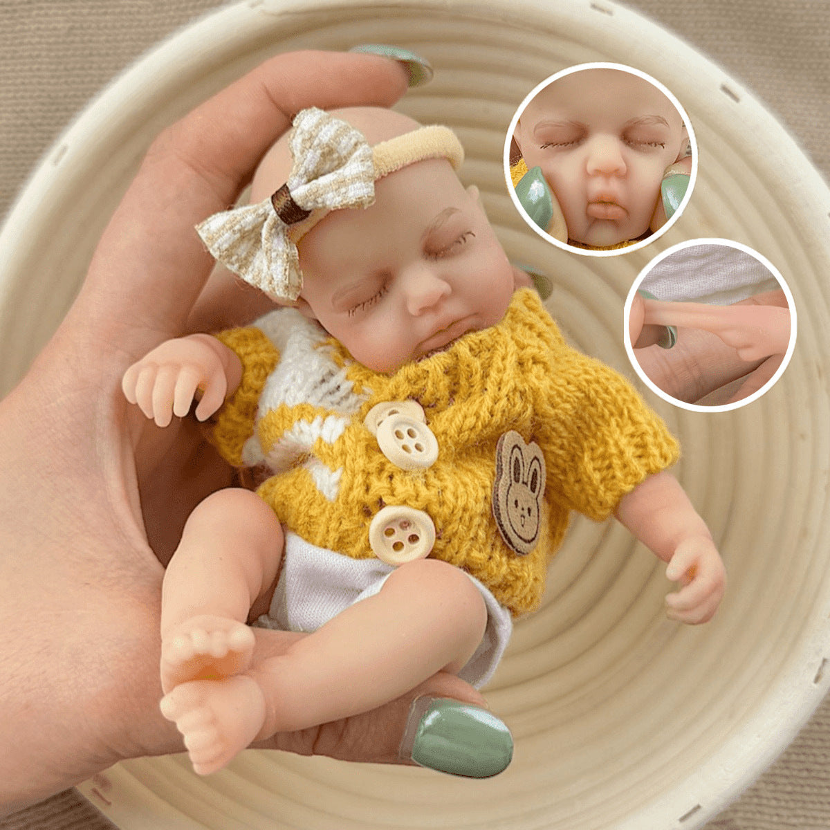 15cm Silicone Closed Eyes loulou Mini Reborn Doll in Yellow Stripes Sweater