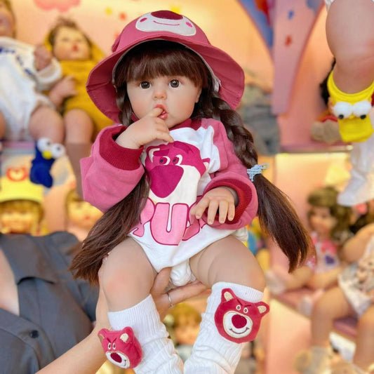 55cm/60cm Long Hair Reborn Baby Girl In Pink Bear Clothes