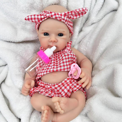 30cm Soft Full Silicone Blue Eyes Reborn Doll Girl In Red plaid clothes- Bettie