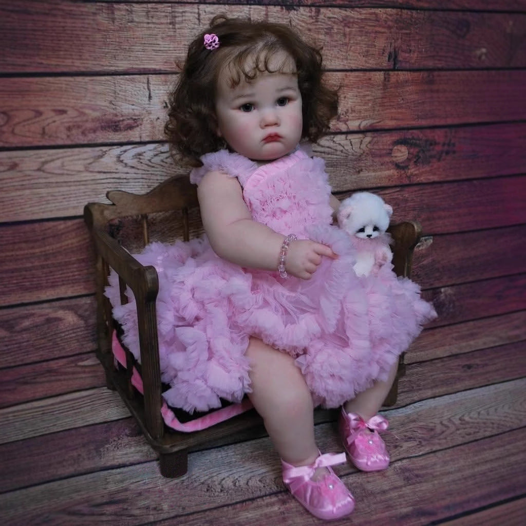 60cm open eyes and brown hair Reborn Doll Charlotte In Pink Dress