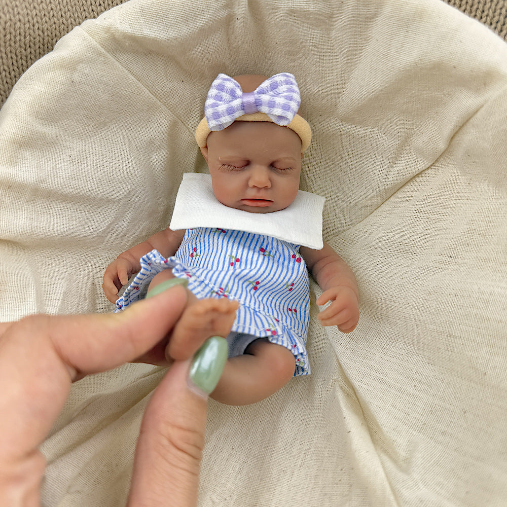 15cm Silicone Dark Skin Loulou Mini Reborn Doll in Blue Stripe Dress
