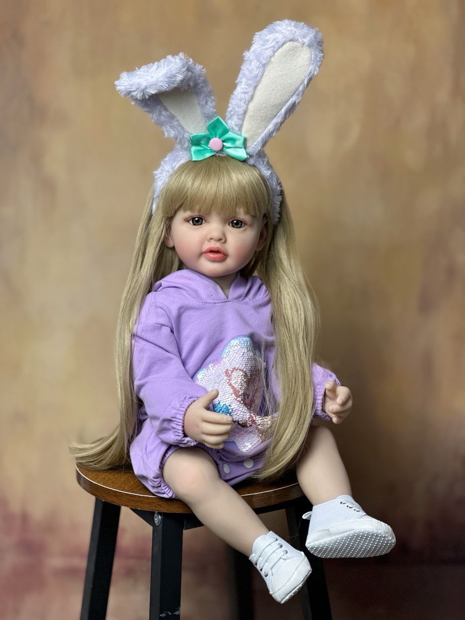 55cm Open Eyes Long Hair Reborn Baby Girl In Purple Clothes and bunny ear headband-Betty