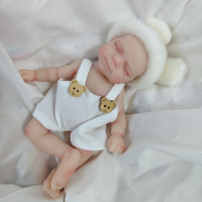 6 Inch Closed Eyes Silicone Mini Reborn Doll Girl Pascale In Bear Overalls
