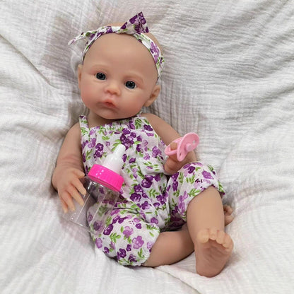 30cm Soft Full Silicone Blue Eyes Reborn Baby Girl In Purple floral dress- Meadow