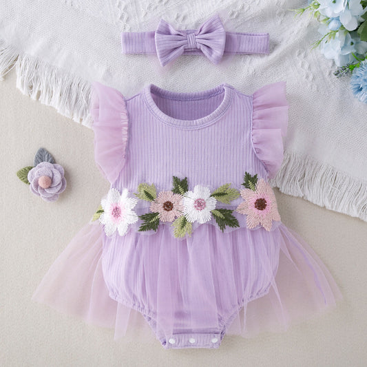 Mesh Embroidered Romper Dress Headband 2-Piece Set for 18-22 inches Dolls