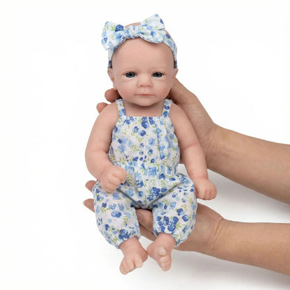 30cm Full Silicone Felicia Reborn Baby Girl in Blue floral Jumpsuit