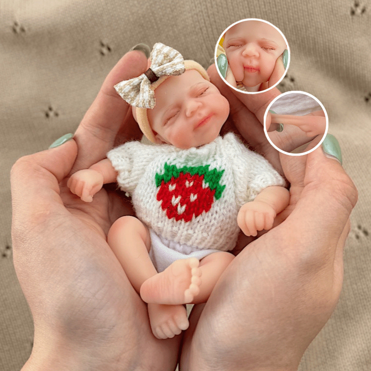 15cm Silicone Closed Eyes Pascale Mini Reborn Doll in White Strawberry Sweater