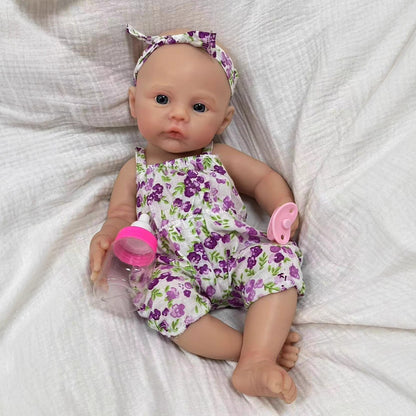 30cm Soft Full Silicone Blue Eyes Reborn Baby Girl In Purple floral dress- Meadow
