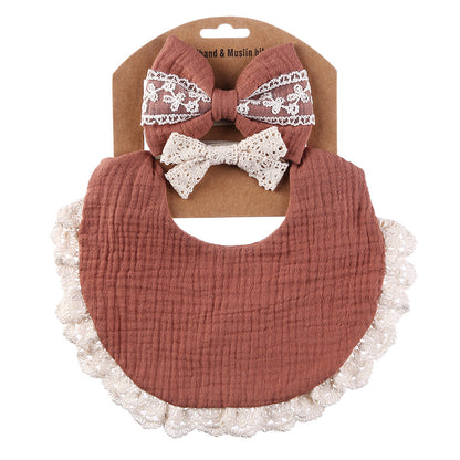 Lace cotton solid color Bib & Headband 3-Piece Set