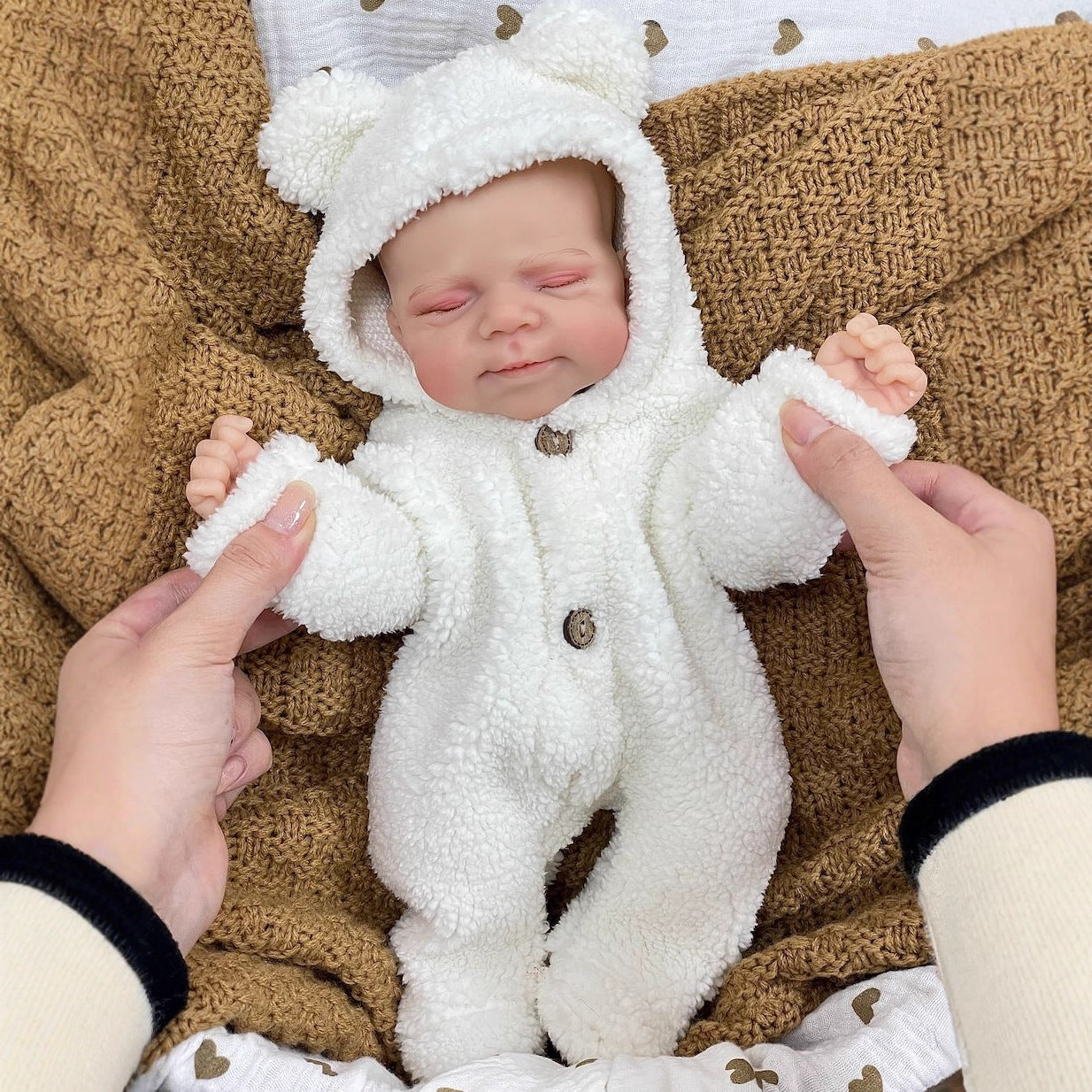 30cm Lifelike Full Silicone Closed Eyes Reborn Doll Pascale In White Plush clothes