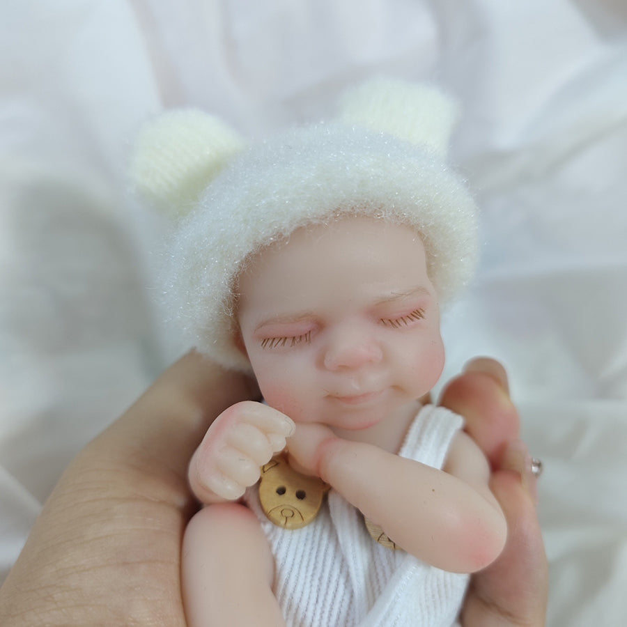 6 Inch Closed Eyes Silicone Mini Reborn Doll Girl Pascale In Bear Overalls