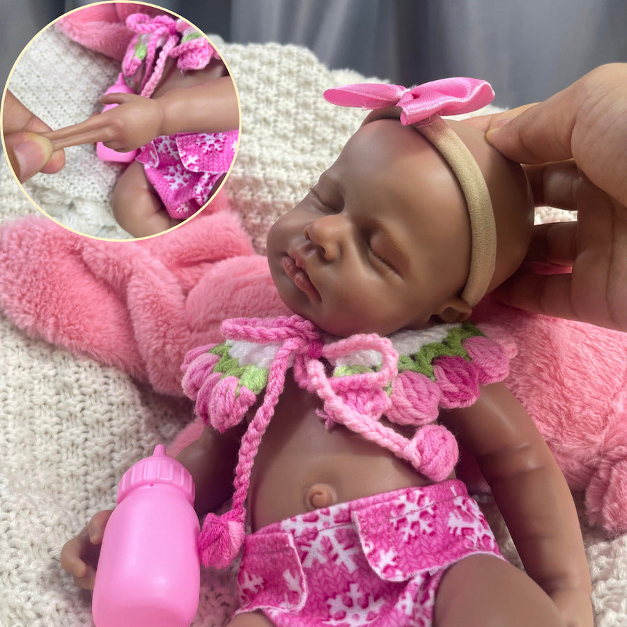 30cm Lifelike Silicone Asleep Loulou Dark Skin Reborn Doll Girl In Pink Outfits