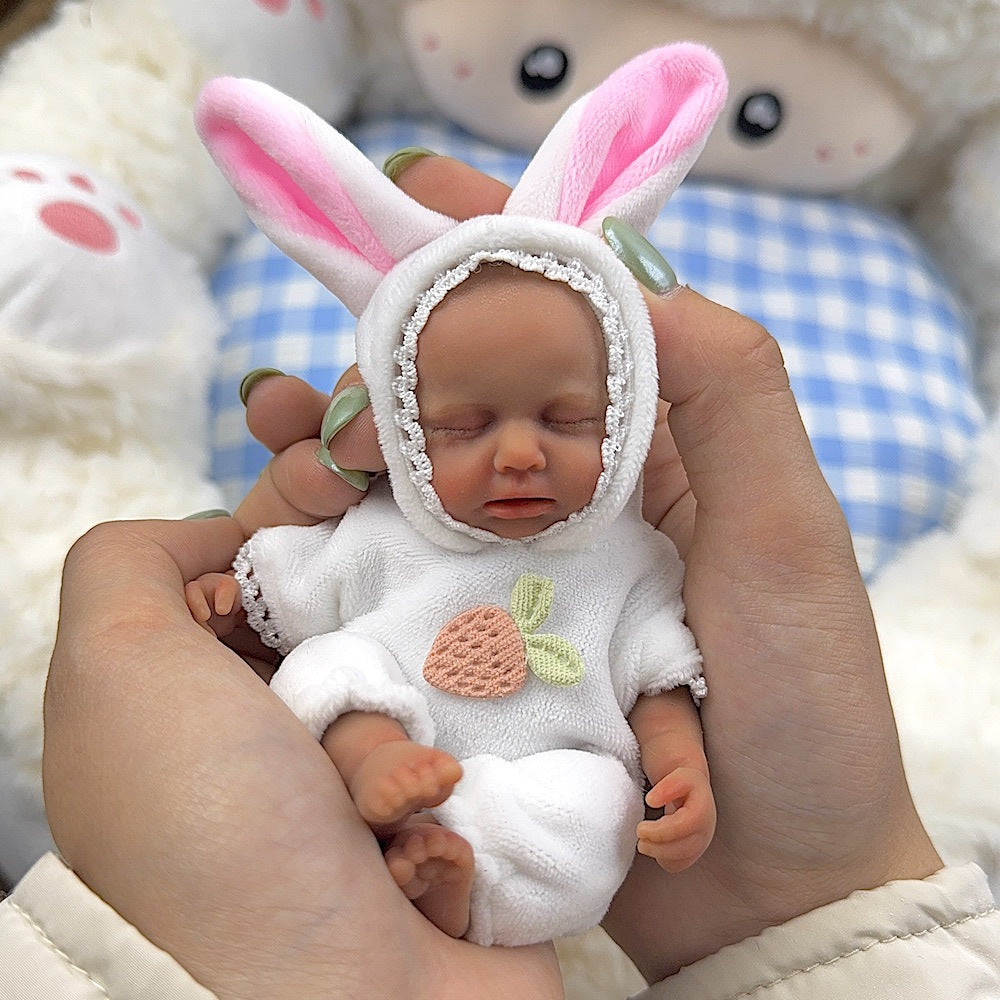 15cm Silicone Dark Skin Loulou Mini Reborn Doll in White Rabbit Outfits