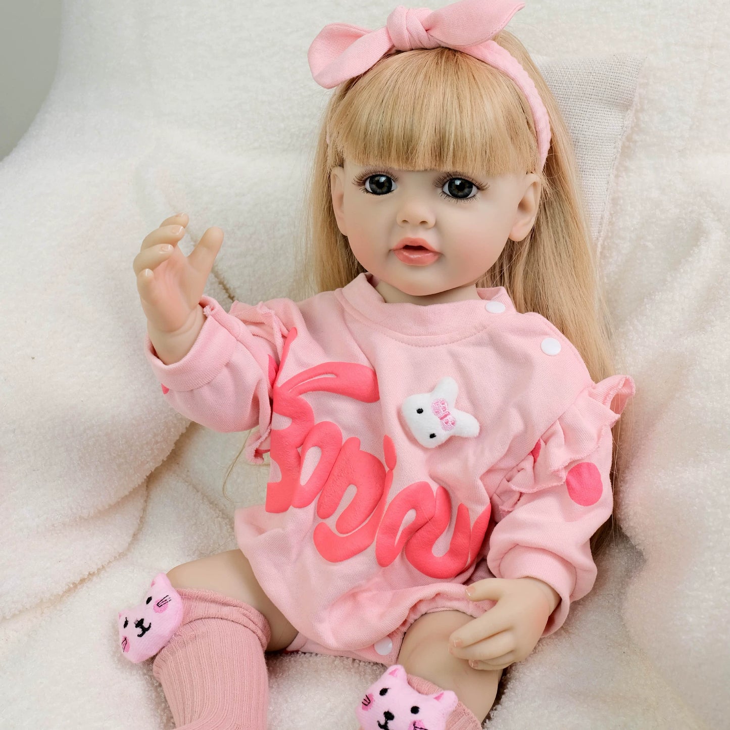 22 Inches Open Eyes Long Blonde Hair Reborn Girl in Pink Bodysuit-Betty