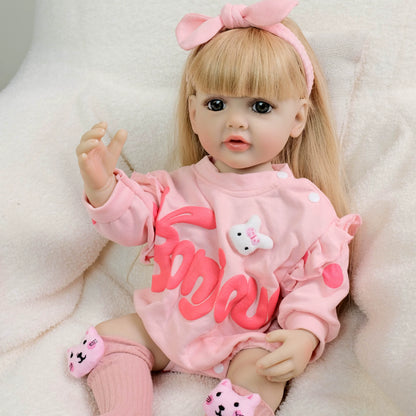 22 Inches Open Eyes Long Blonde Hair Reborn Girl in Pink Bodysuit-Betty