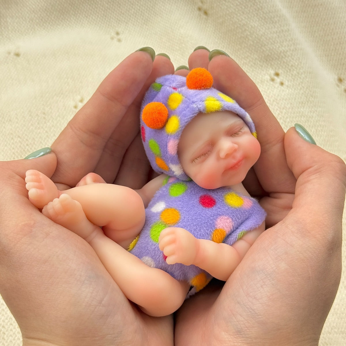 15cm Silicone Closed Eyes Pascale Mini Reborn Doll in Purple Polk Dot Outfits