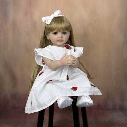 55cm Open Eyes Long Blonde Hair Betty Reborn Baby Girl In White Dress