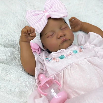 48cm Closed Eyes Dark Skin Soft Body Reborn Baby Levi in Pink Dress