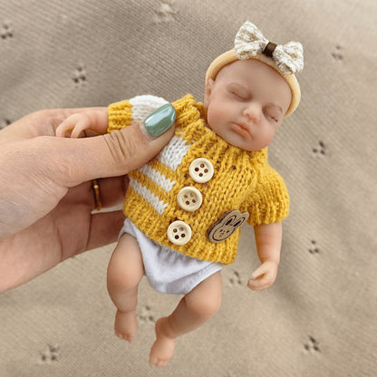 15cm Silicone Closed Eyes loulou Mini Reborn Doll in Yellow Stripes Sweater