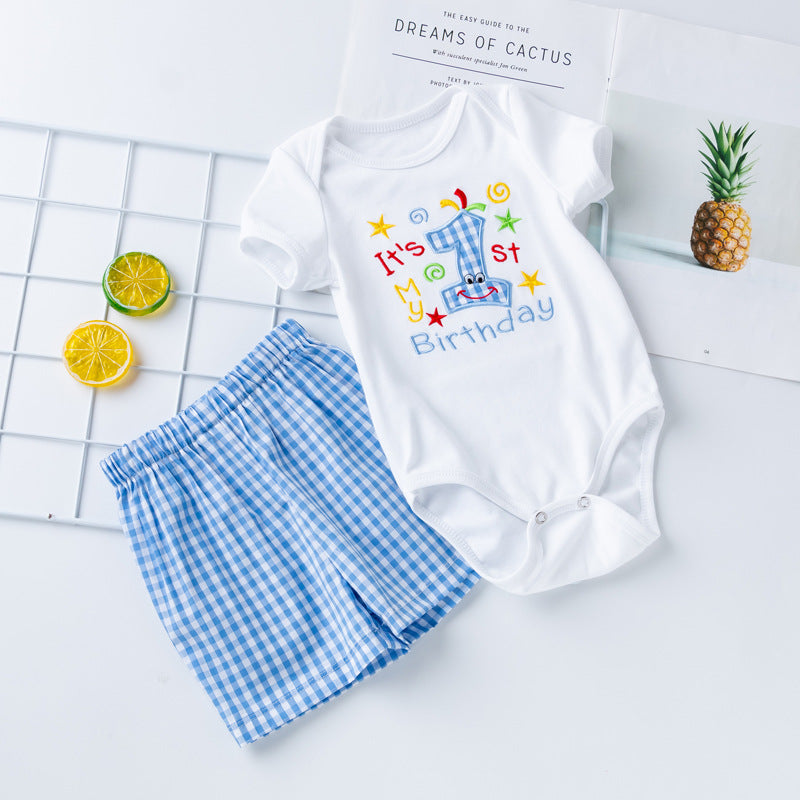 Cartoon Embroidered Short Sleeve Plaid Shorts 2-Piece Set for 22-24 Inches Dolls