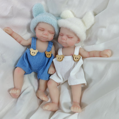 6 Inch Closed Eyes Silicone Mini Reborn Doll Girl Pascale In Bear Overalls