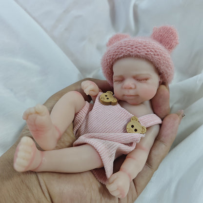 6 Inch Closed Eyes Silicone Mini Reborn Doll Girl Pascale In Bear Overalls