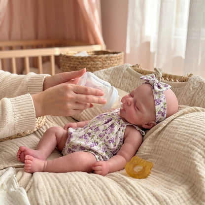 30cm Full Silicone Closed Eyes Pascale Reborn Doll Girl In Purple Floral Rompers