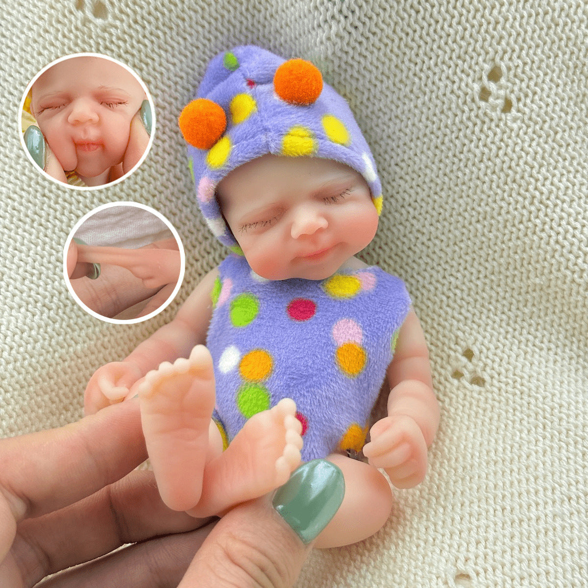 15cm Silicone Closed Eyes Pascale Mini Reborn Doll in Purple Polk Dot Outfits