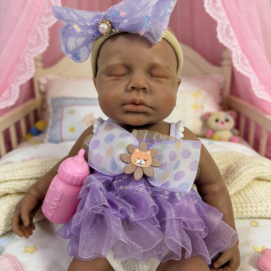 30cm Lifelike Silicone Asleep Loulou Dark Skin Reborn Doll Girl In Purple Dress