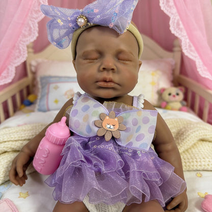 30cm Lifelike Silicone Asleep Loulou Dark Skin Reborn Doll Girl In Purple Dress