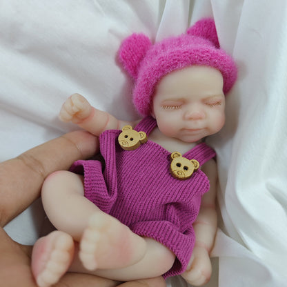 6 Inch Closed Eyes Silicone Mini Reborn Doll Girl Pascale In Bear Overalls
