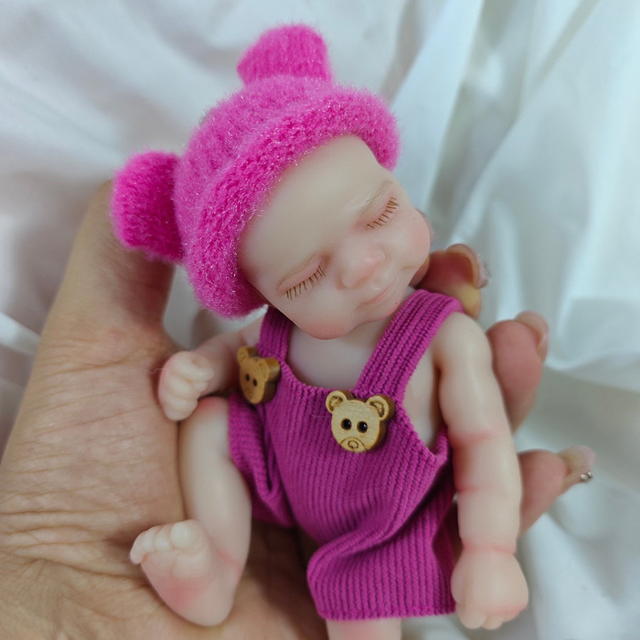 6 Inch Closed Eyes Silicone Mini Reborn Doll Girl Pascale In Bear Overalls