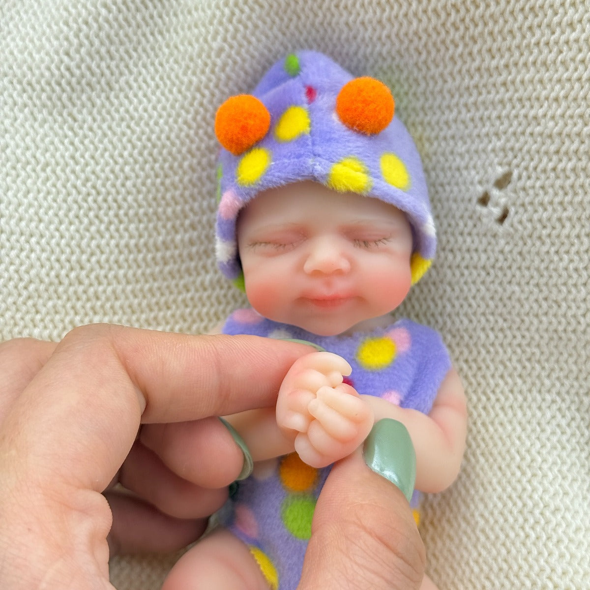 15cm Silicone Closed Eyes Pascale Mini Reborn Doll in Purple Polk Dot Outfits