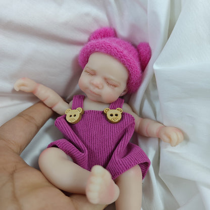 6 Inch Closed Eyes Silicone Mini Reborn Doll Girl Pascale In Bear Overalls