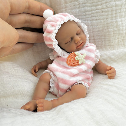 15cm Silicone Dark Skin Loulou Mini Reborn Doll in Pink Stripe Outfits