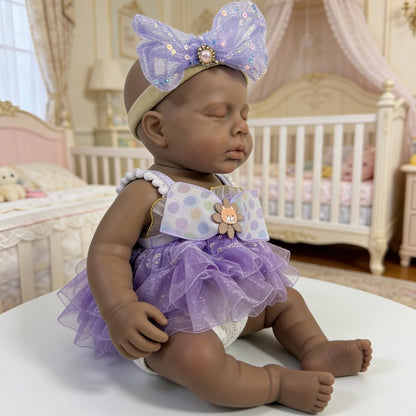 30cm Lifelike Silicone Asleep Loulou Dark Skin Reborn Doll Girl In Purple Dress