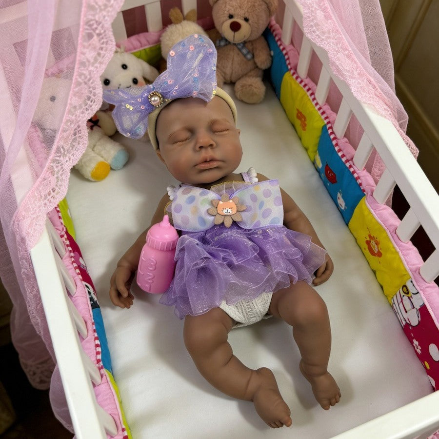 30cm Lifelike Silicone Asleep Loulou Dark Skin Reborn Doll Girl In Purple Dress