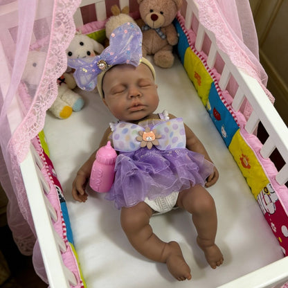 30cm Lifelike Silicone Asleep Loulou Dark Skin Reborn Doll Girl In Purple Dress