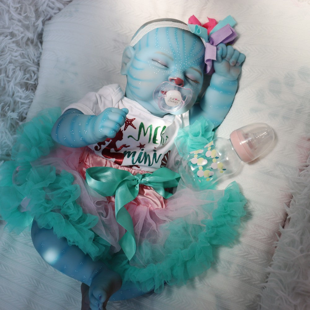 19 Inch Peaches Closed Eyes Reborn Baby Girl Avatar in Blue Dress