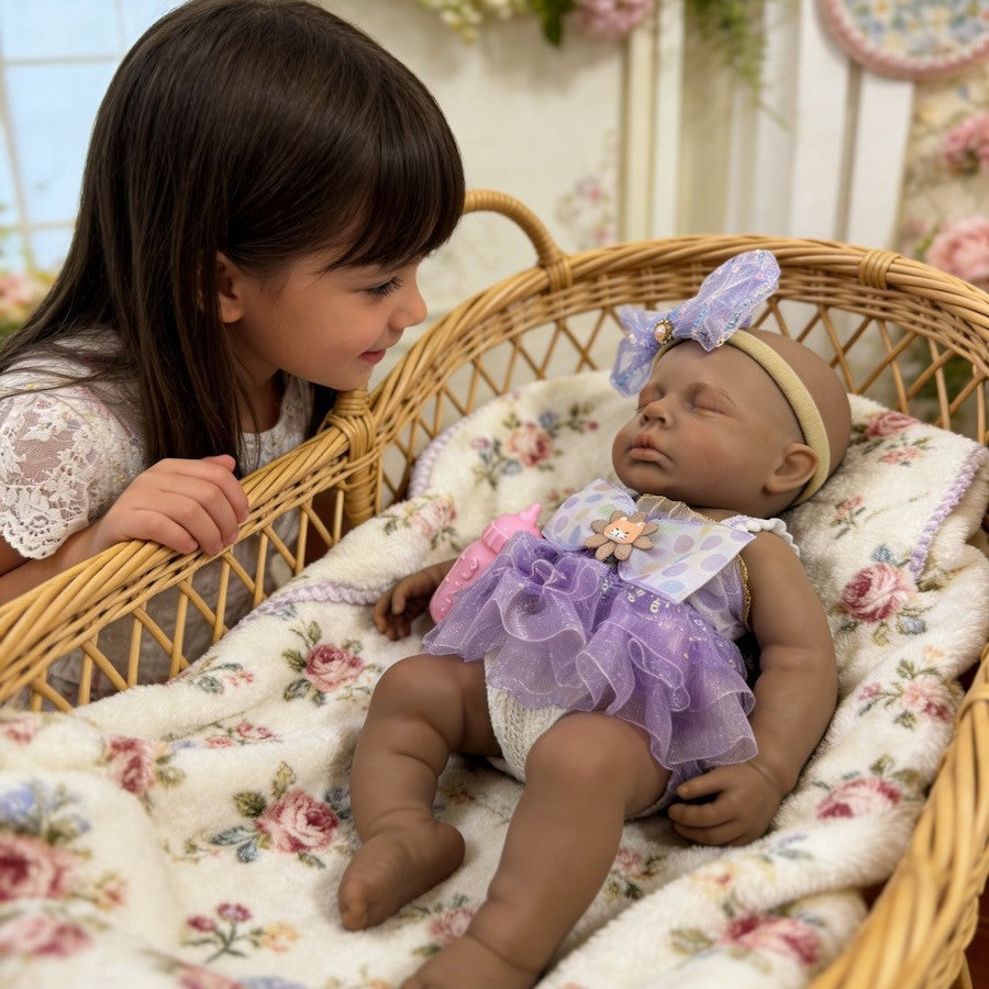 30cm Lifelike Silicone Asleep Loulou Dark Skin Reborn Doll Girl In Purple Dress