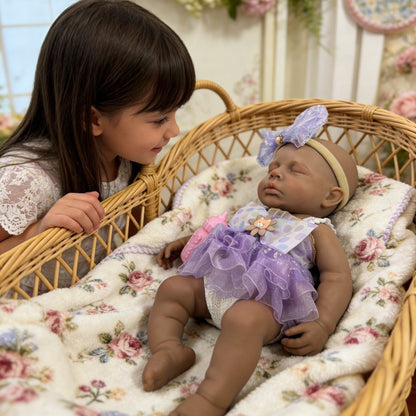 30cm Lifelike Silicone Asleep Loulou Dark Skin Reborn Doll Girl In Purple Dress