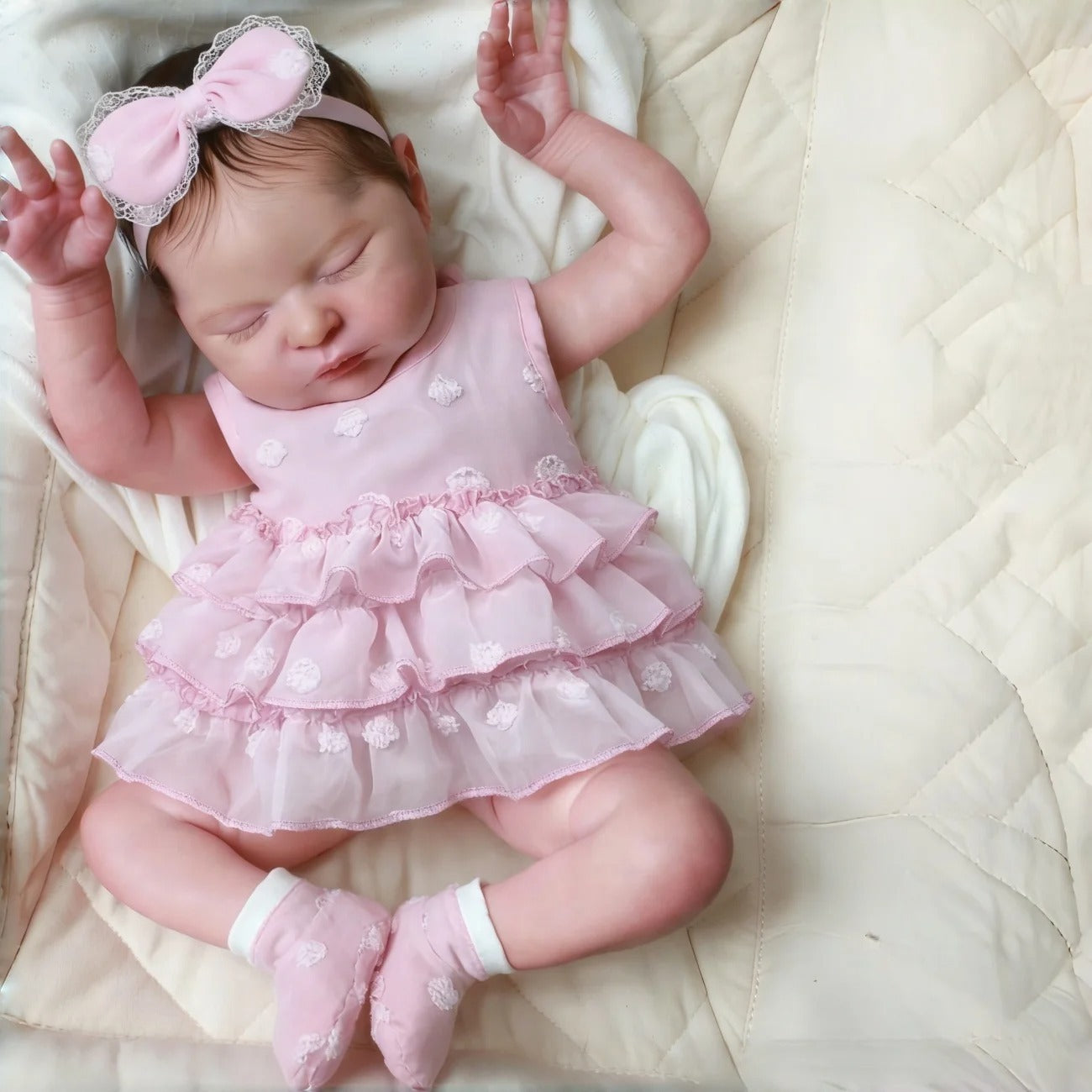 20 Inches Lifelike Closed Eyes Short Hair Laura Reborn Baby Girl In Pink Dress